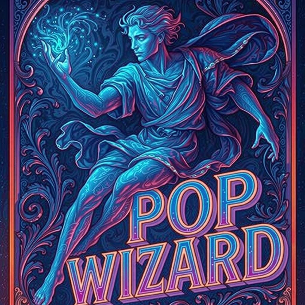 Bioluminescent Wizard Flying in Neon Renaissance Style