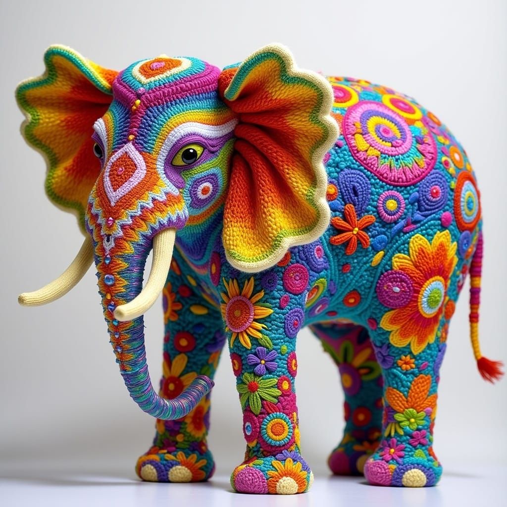 Rainbow Elephant Yarn Art in Psychedelic Style