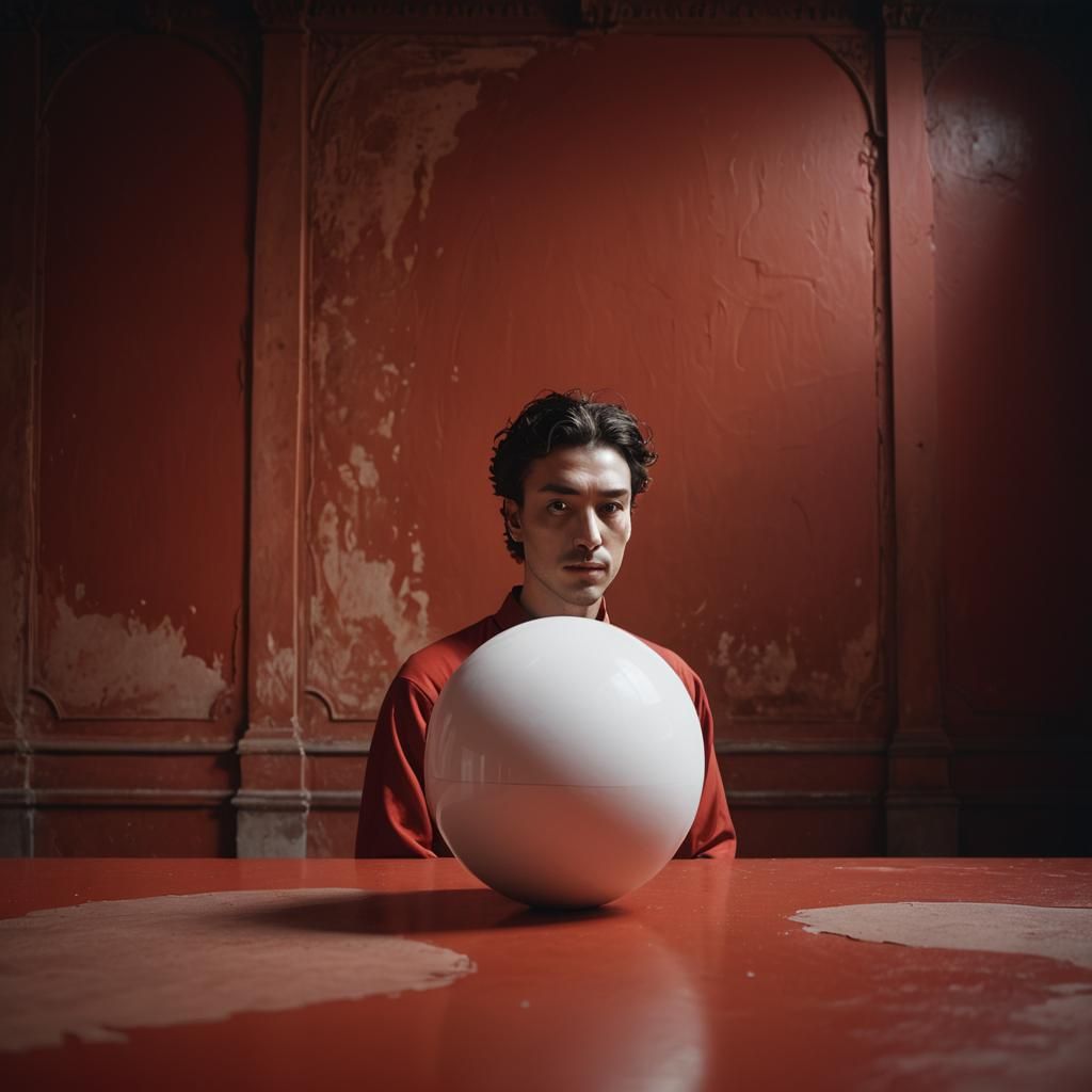 Surreal Sphere in Red Room: Metaphysical Still Life