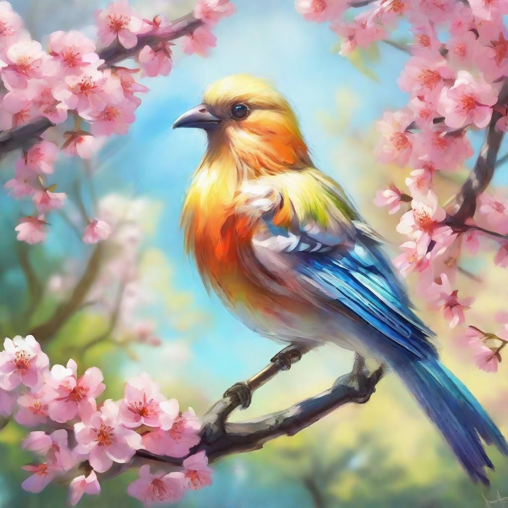 Fantasy Tree Blooms with Bird in Whimsical Oil Painting Styl...