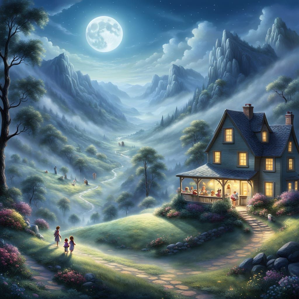Ethereal Fantasy Children Playing Under Vibrant Moonlight