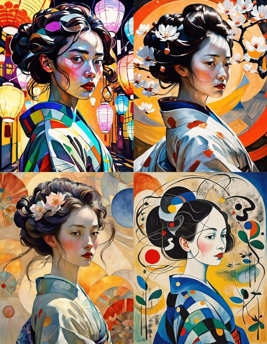 Vibrant Cyberpunk Kimono in Whimsical Watercolor Style