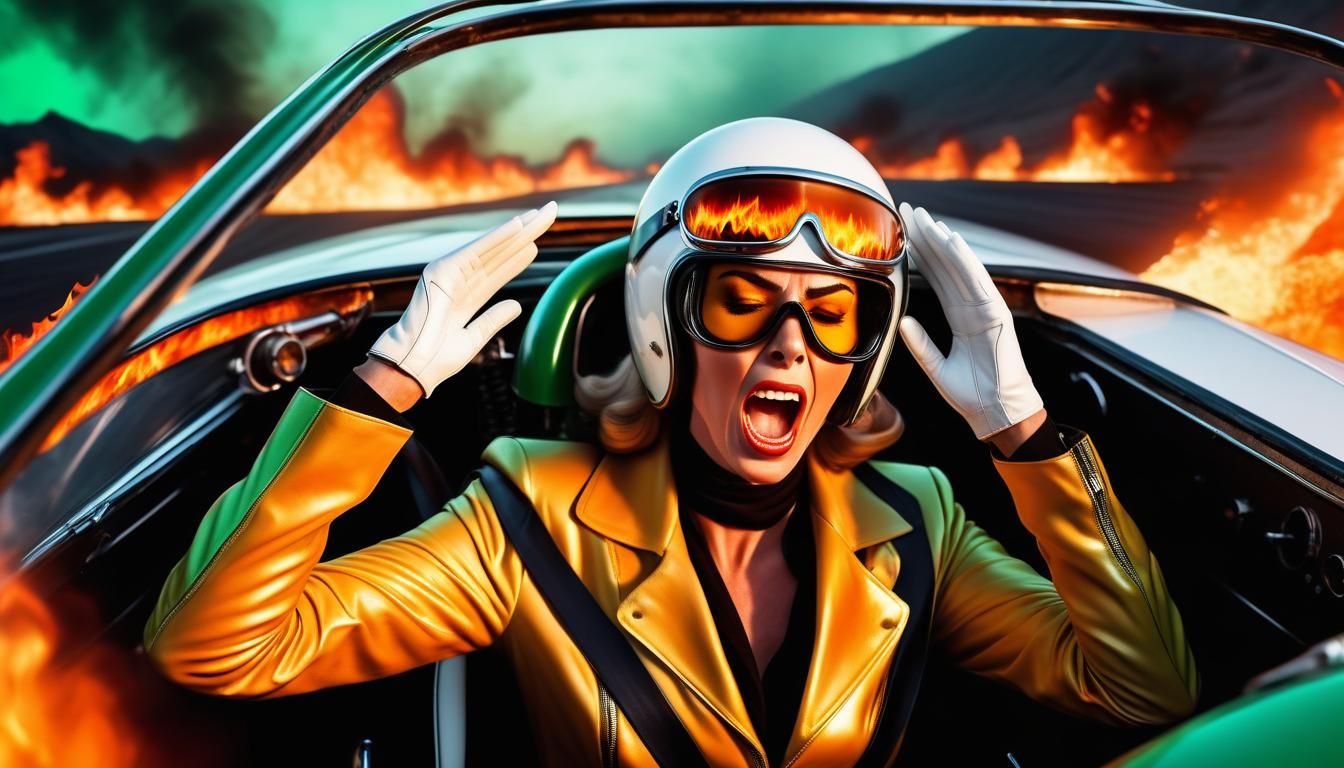 Woman in Burning 60s Race Car: High-Definition Terror