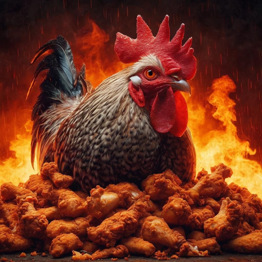 Giant Rooster on Fried Chicken in Apocalyptic Setting