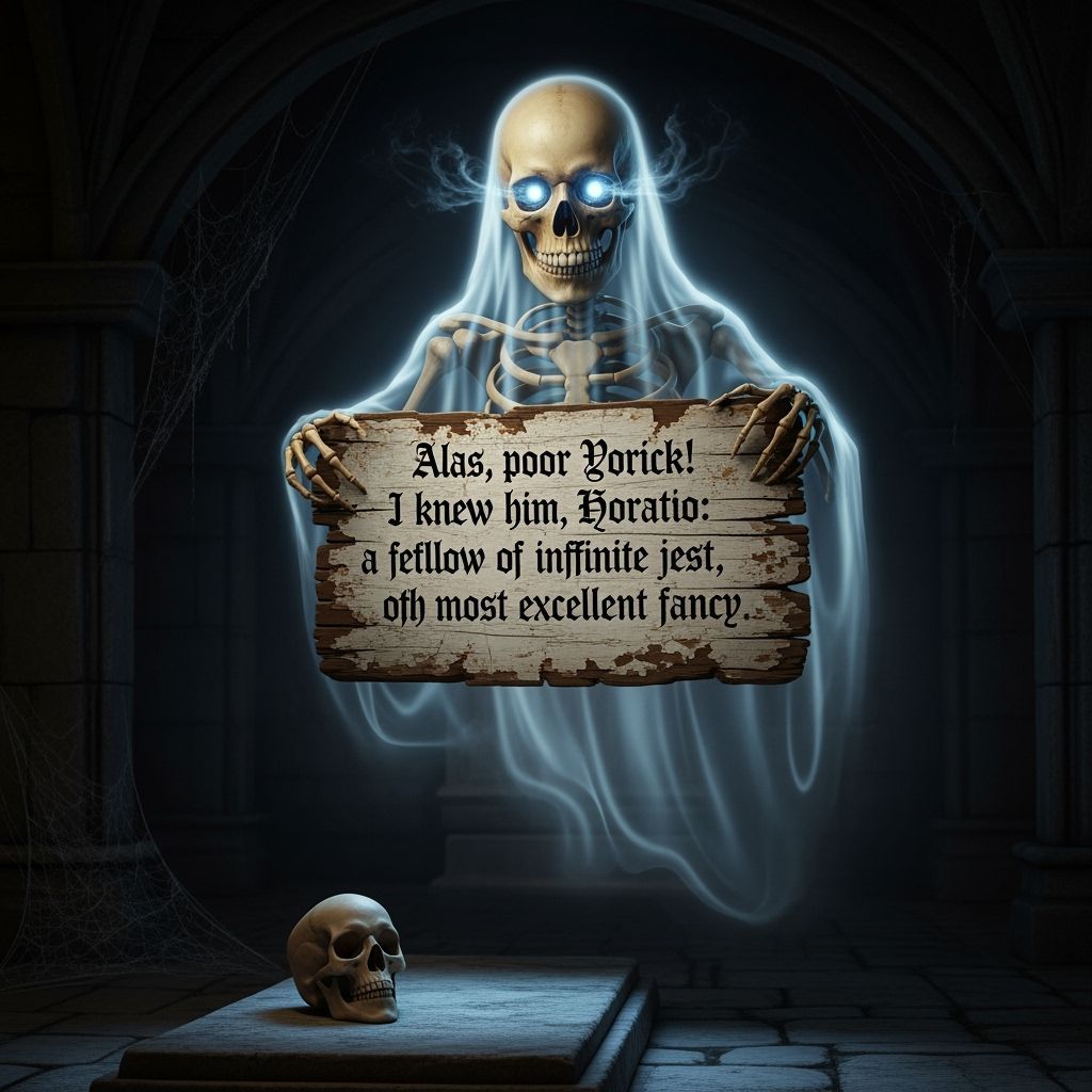Skeletal Ghost with Sign: Alas, Poor Yorick