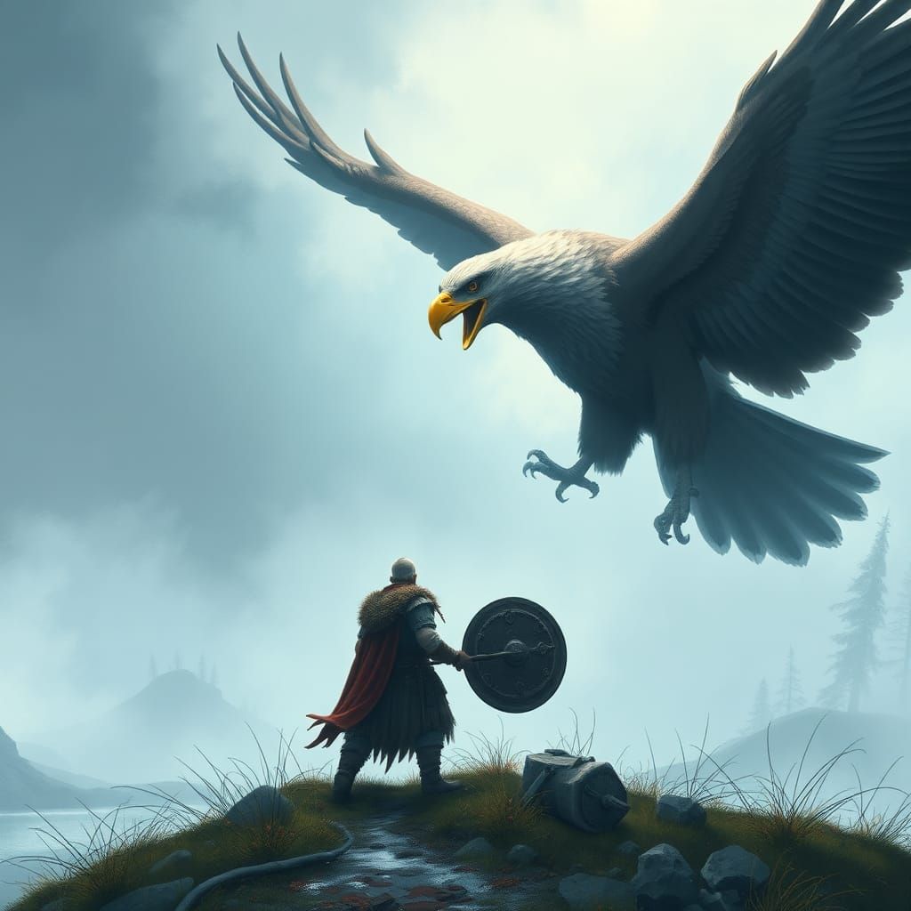 Viking and Eagle in Nordic Landscape