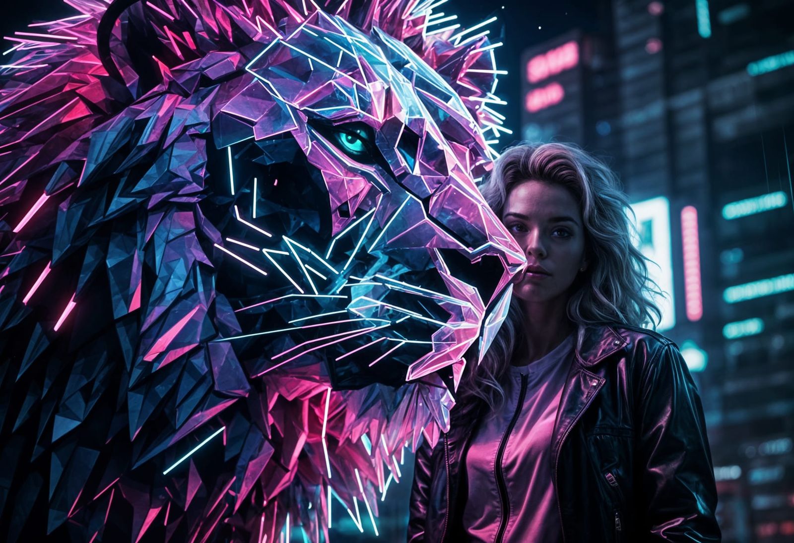 Woman Behind Cracked Glass with Lion: Synthwave Neon