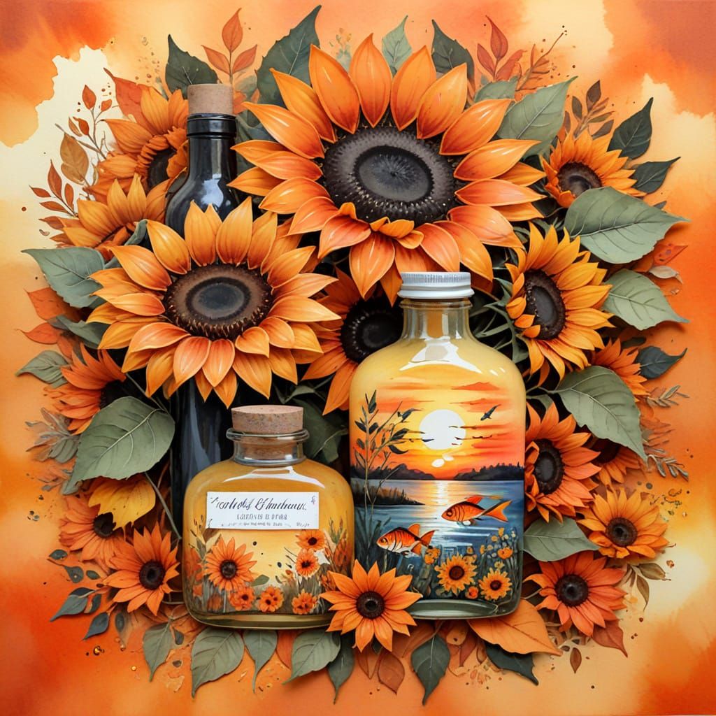 Victorian Scrapbook Page of Orange Sunflowers