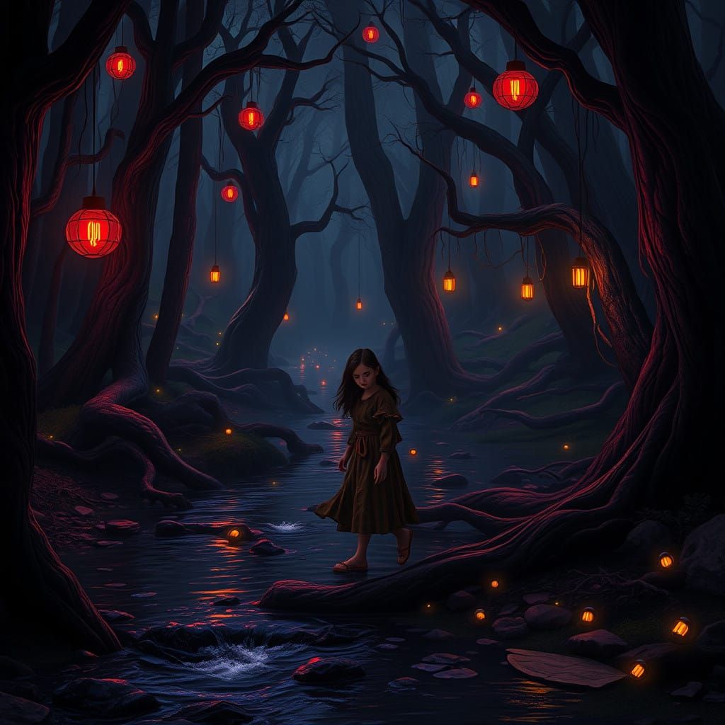 Ethereal Dark Forest Scene with Glowing Orbs and Flickering...