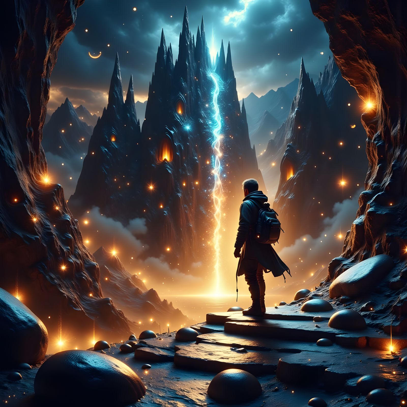 Archeologist Navigating Forgotten Temple with Glowing Relic