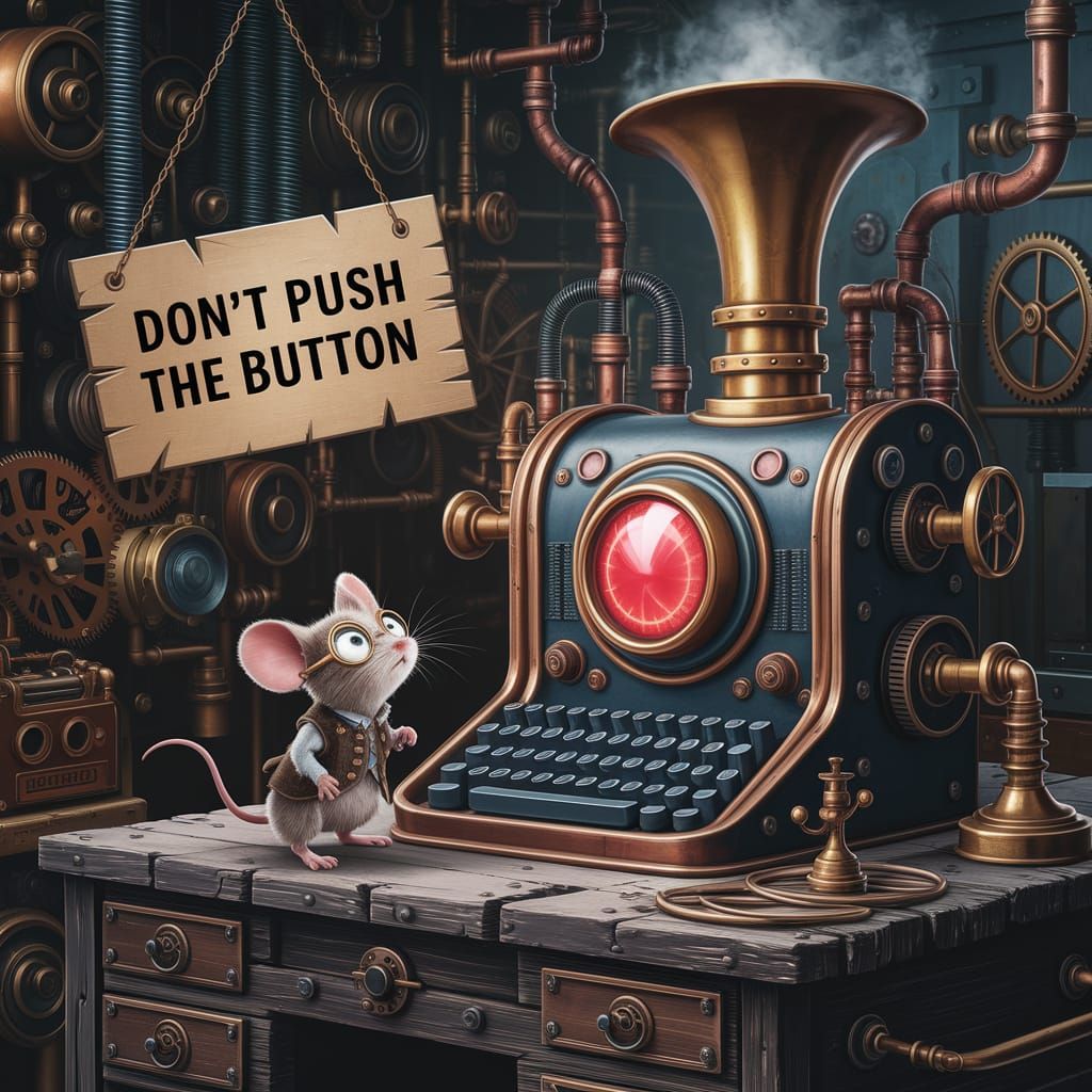 Steampunk Mouse Confronts the Fateful Red Button
