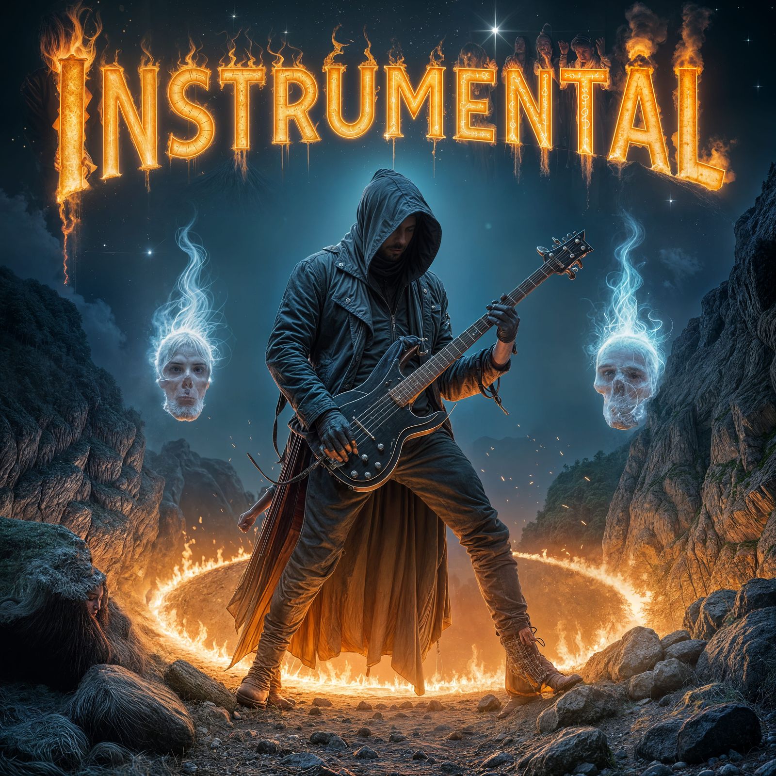 Skeleton Bassist Ablaze in a Night Landscape