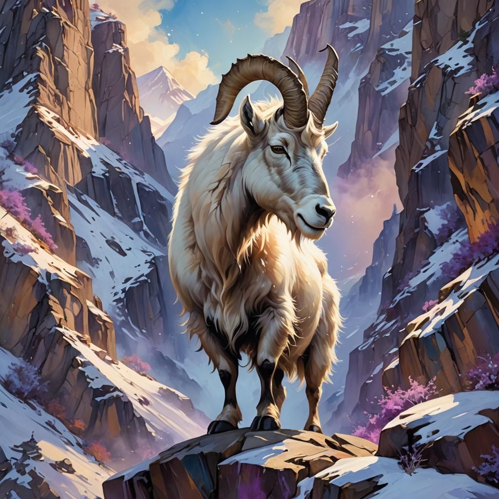 Majestic Mountain Goat Portrait in Oil Painting Style