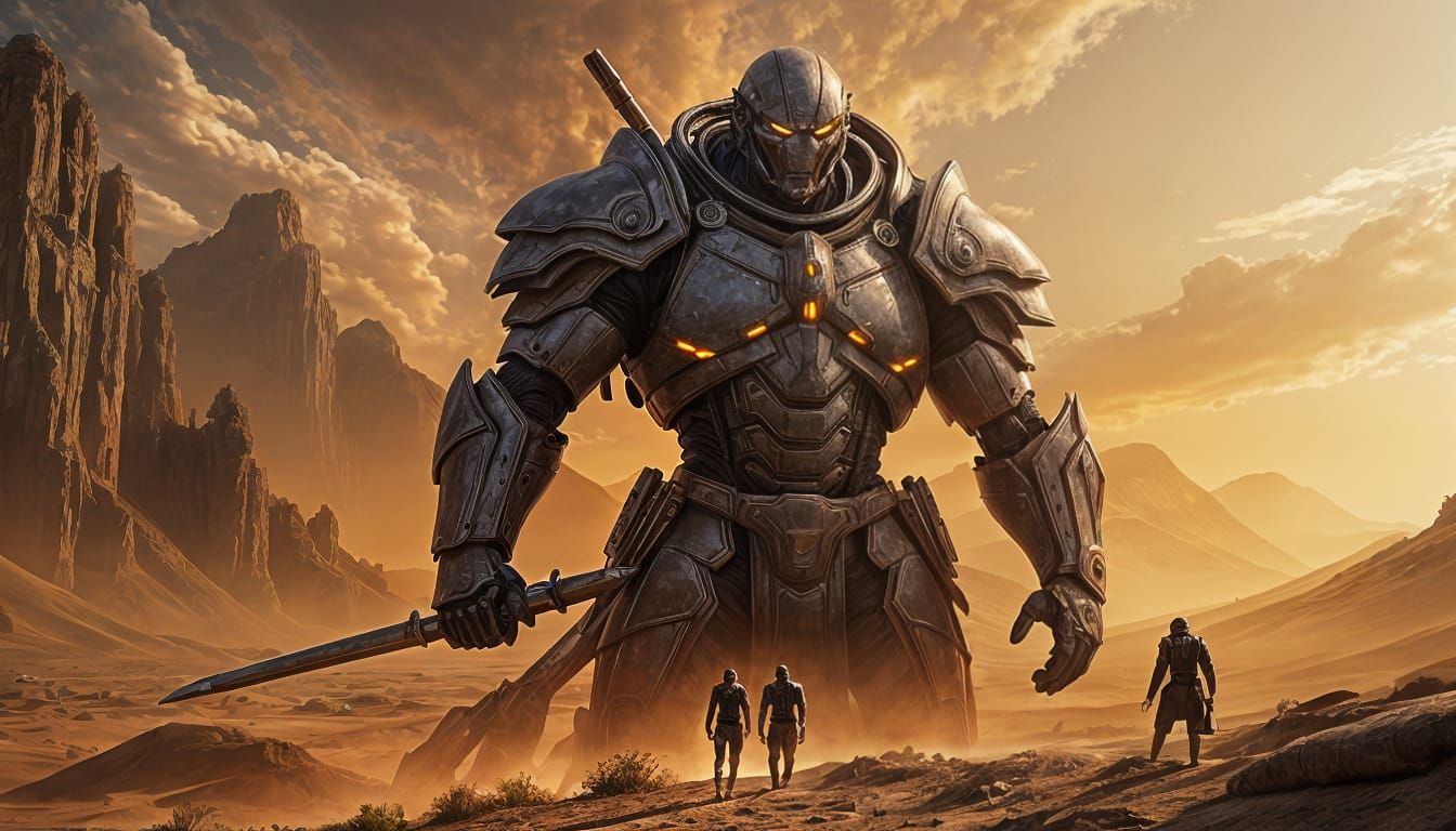 Alien Desert Warrior with Glowing Sword Under Nebula Sky