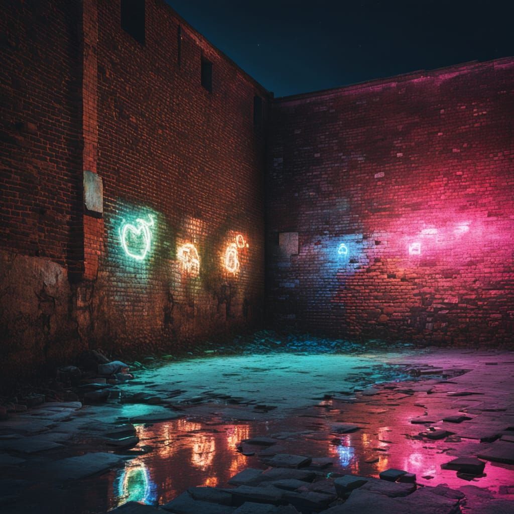 Old Wall at Night with Neon Reflections