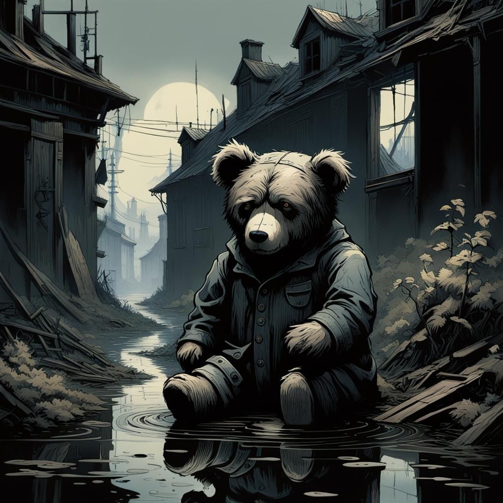 Worn Teddy Bear in Post-Apocalyptic Village
