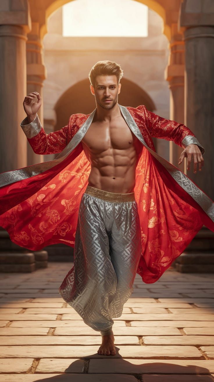 Handsome Man in Red and Gold Traditional Attire