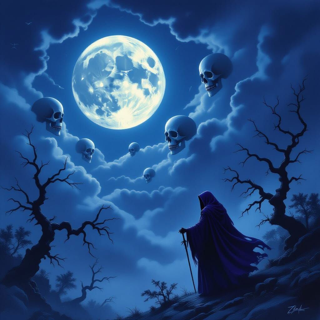 Gothic Reaper Under Full Moon with Eerie Clouds