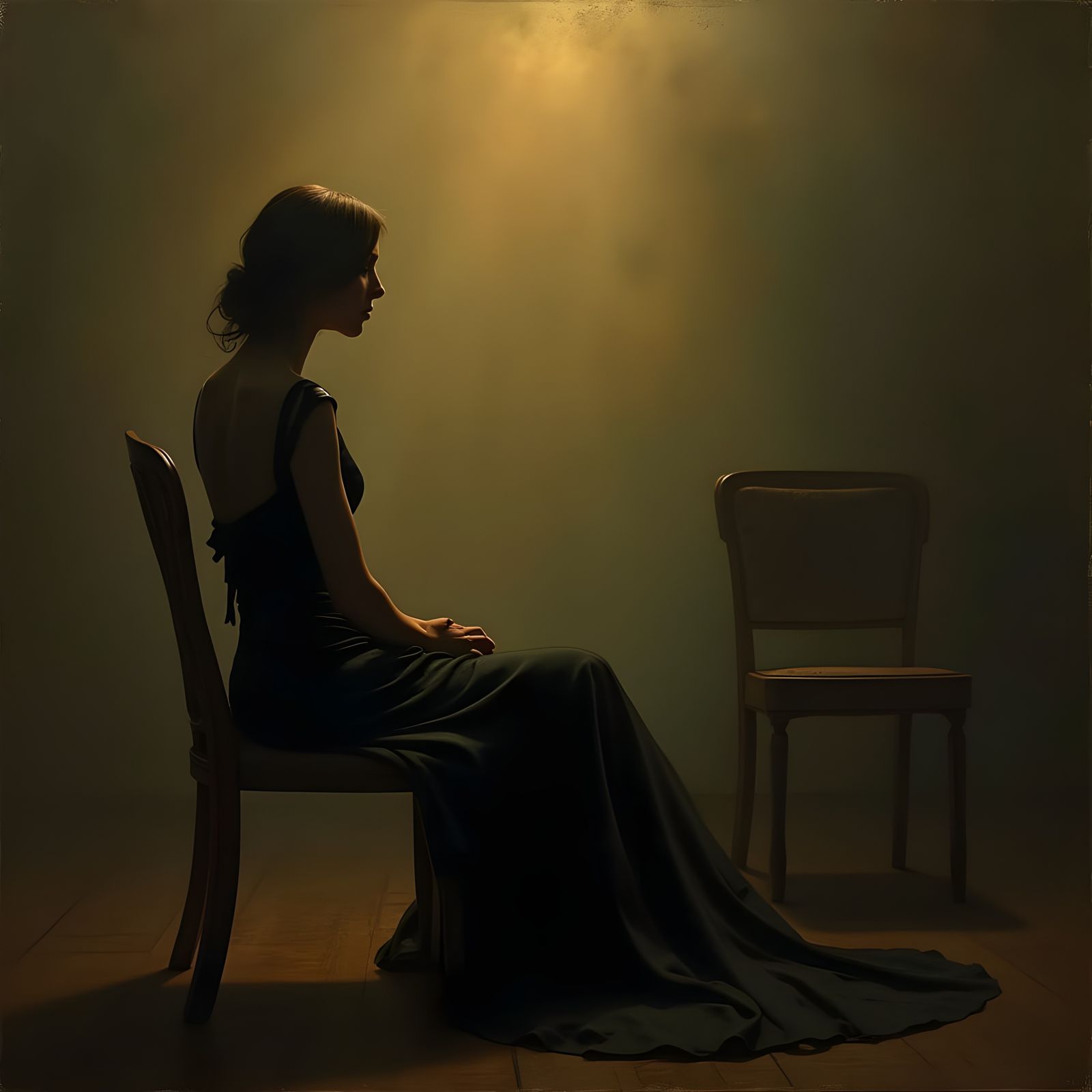 Melancholic Woman and Empty Chair in Rembrandt Style