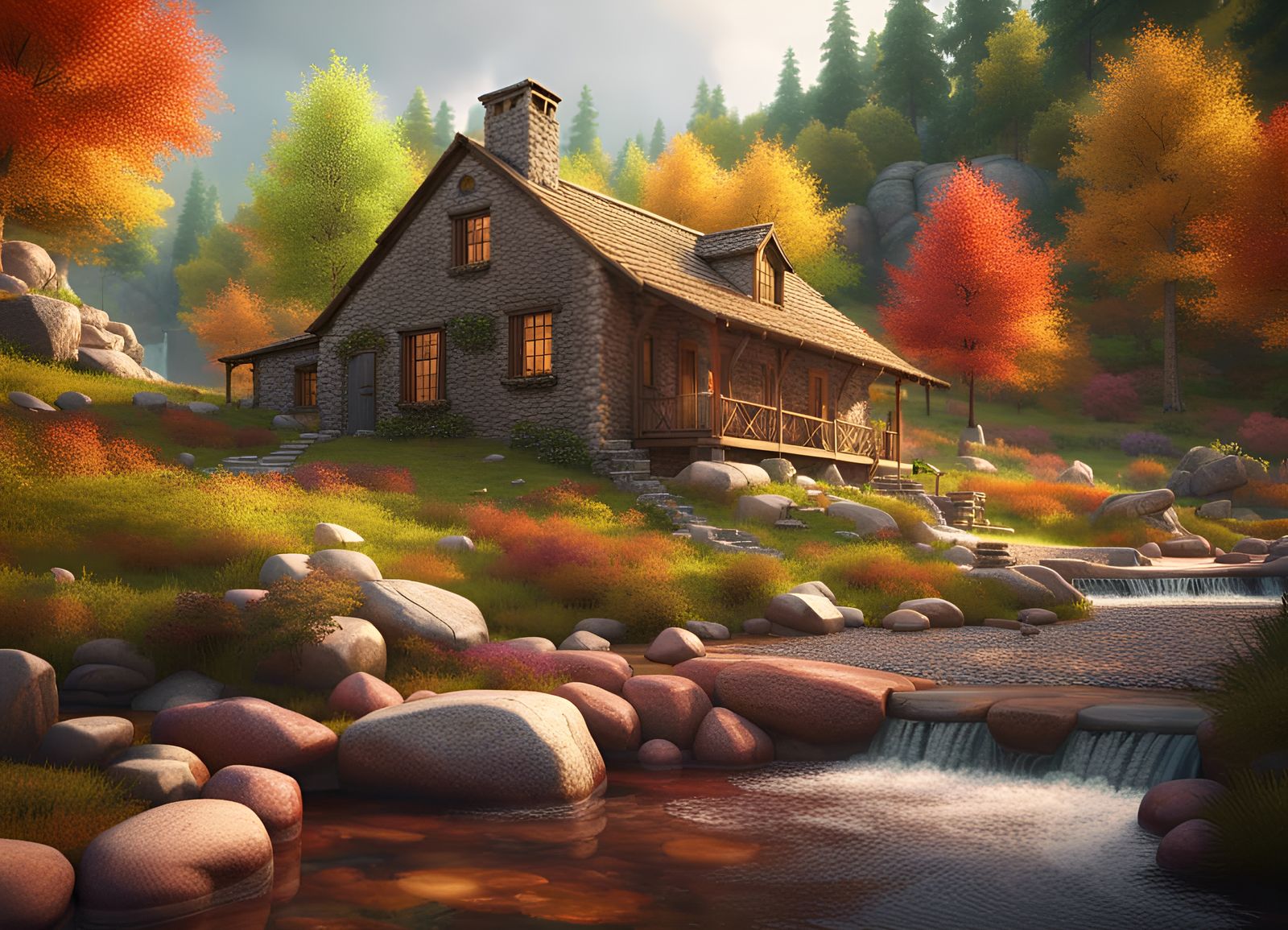 Colorful Stone Cabin in Forest Landscape