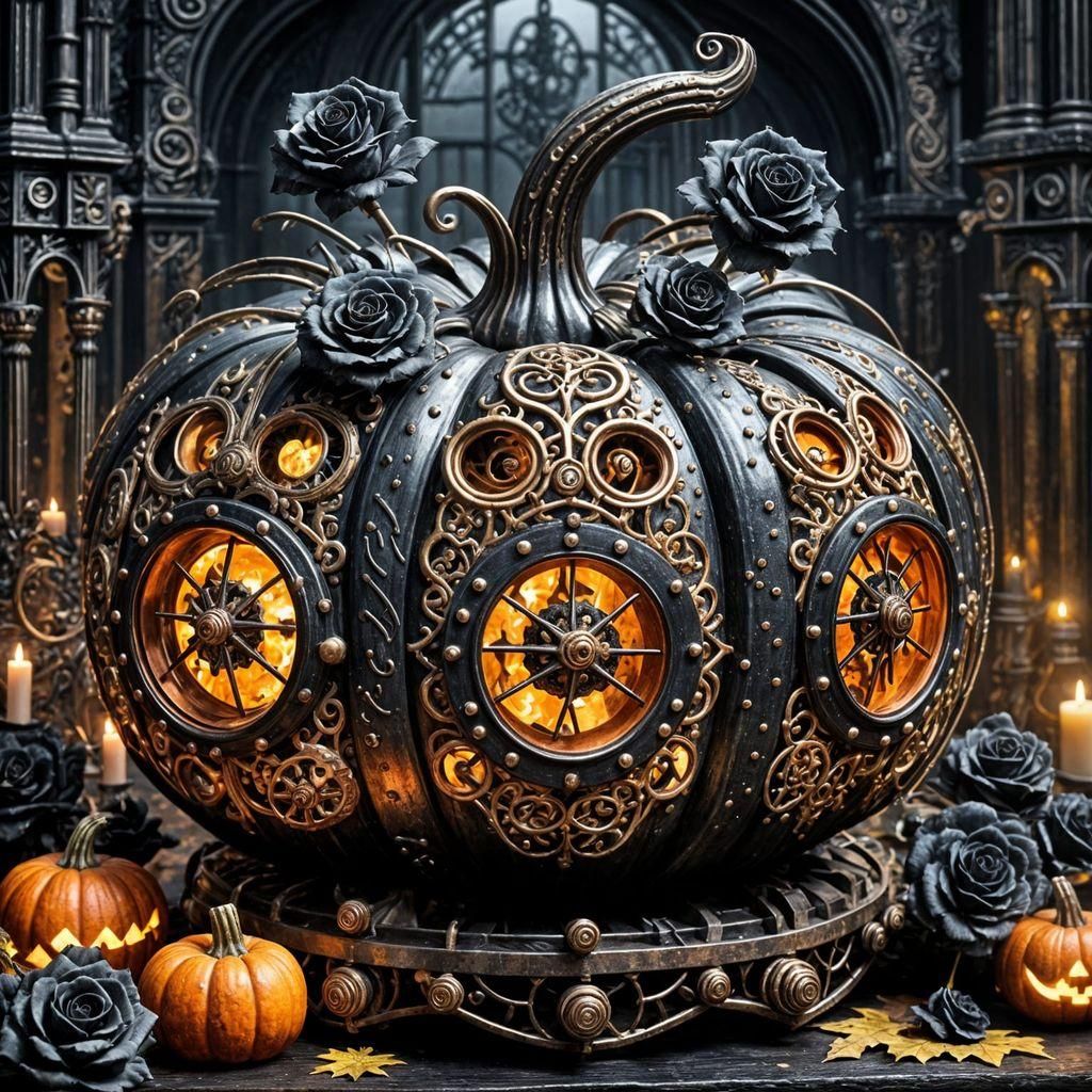Gothic Steampunk Pumpkin with Black Roses