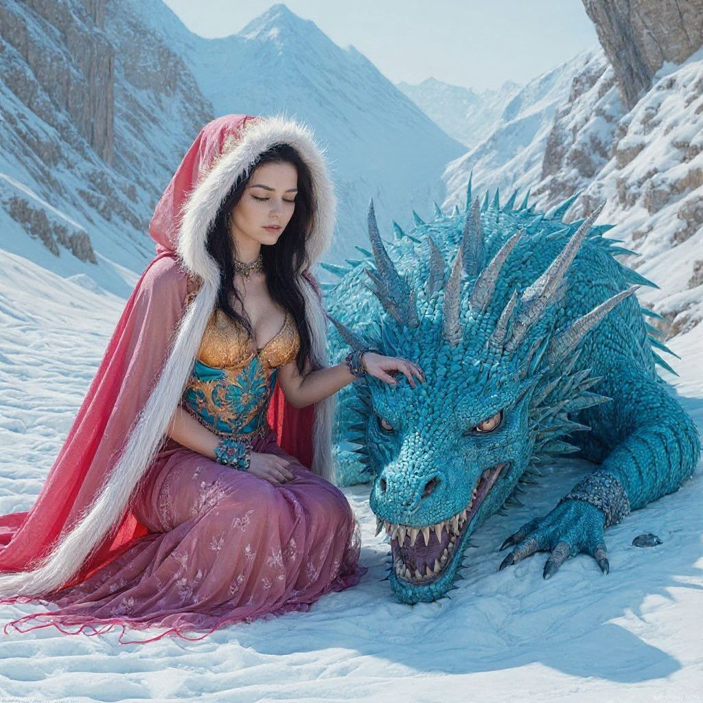 Maiden Tames Dragon in Glacial Graffiti Art