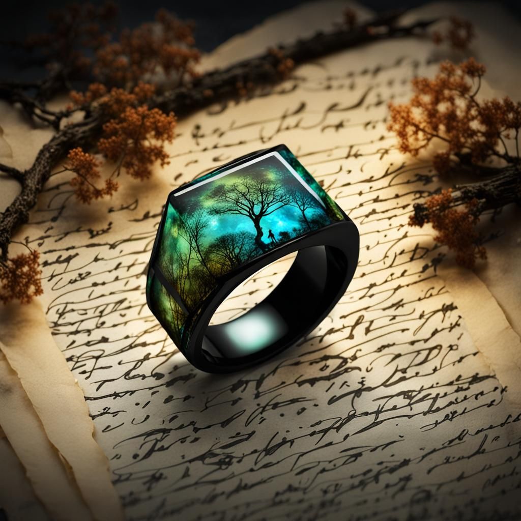Luminescent Elven Ring on Parchment in Spring Forest