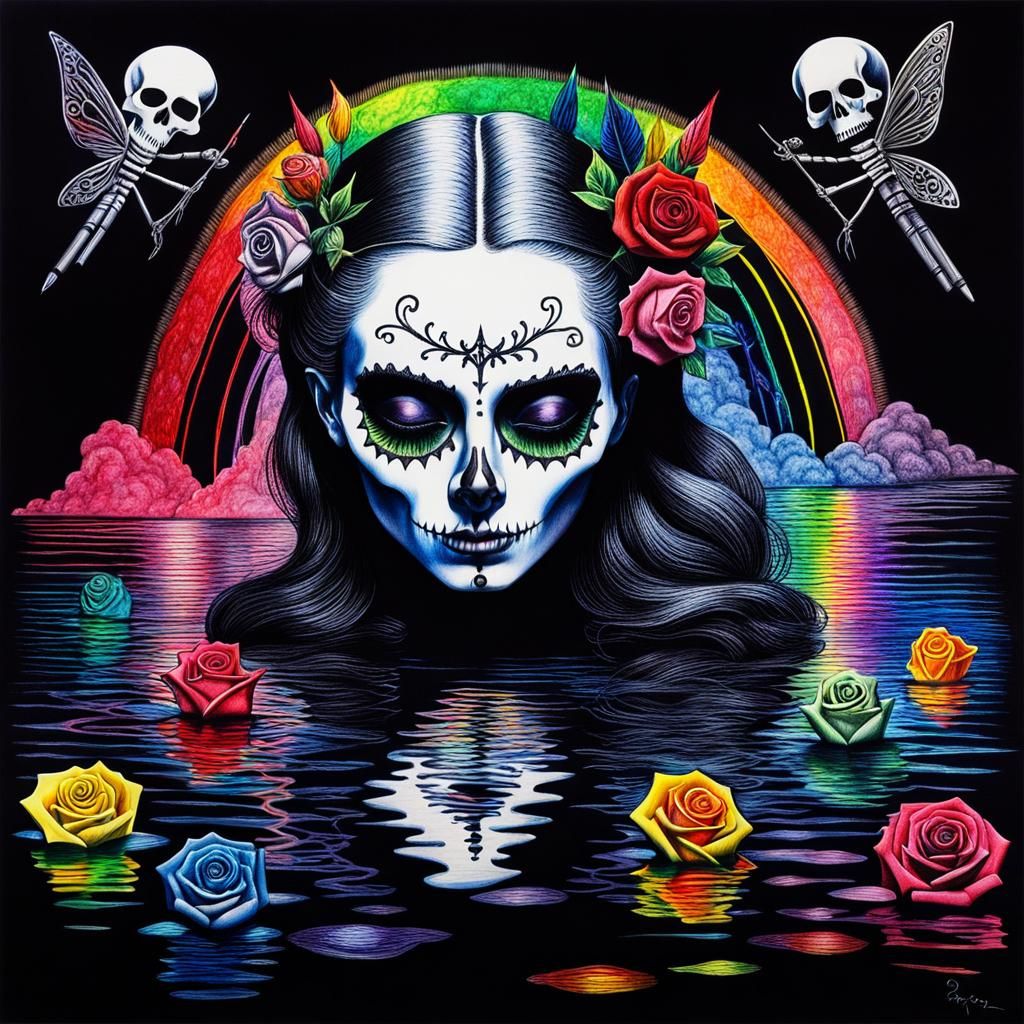 Gothic Woman in Pain: Surreal Crayon Drawing