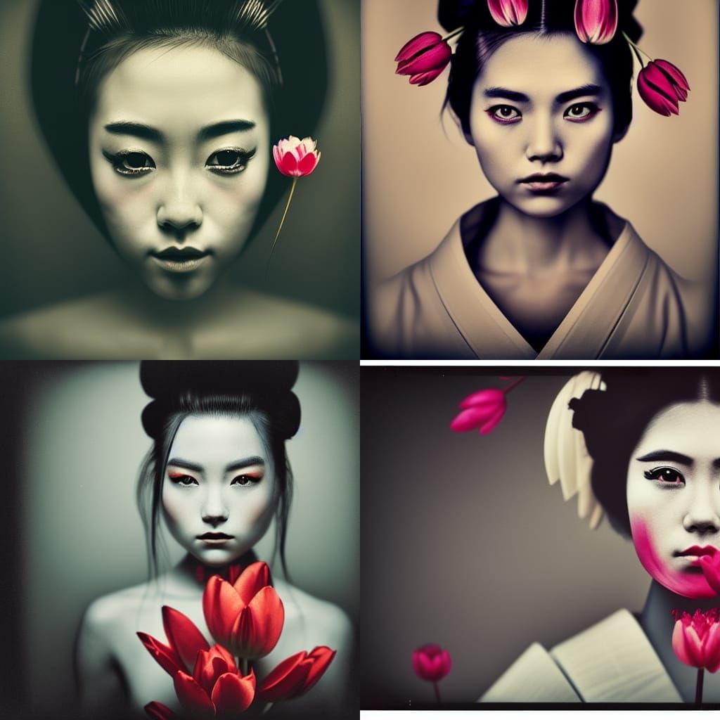 Geisha Samurai Fusion Portrait with Tulips