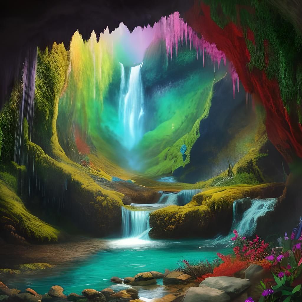 Colorful Waterfall Gushing in Mountain Cave