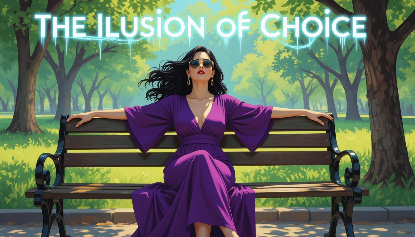 Woman on Bench Under Floating Text, Mixed Media Art