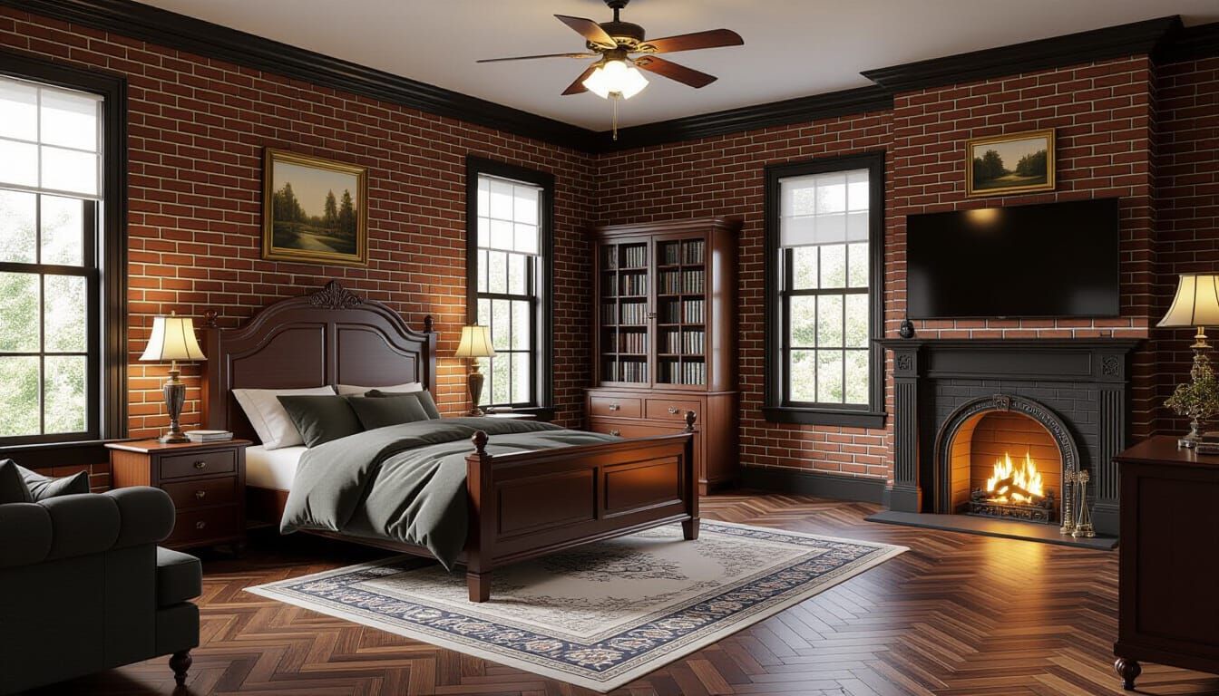 Luxurious Victorian Bedroom in Black with Fireplace