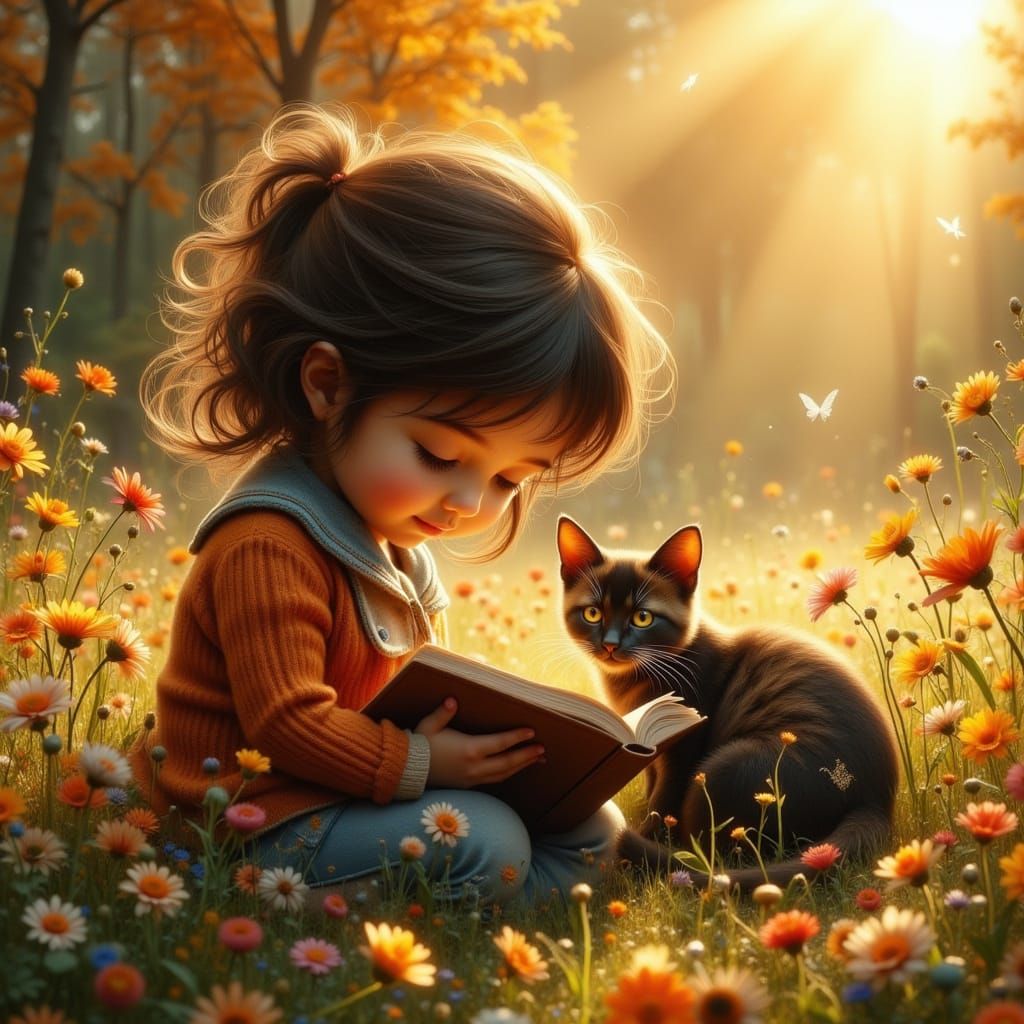 Girl and Cat Reading Books in Golden Hour Glow