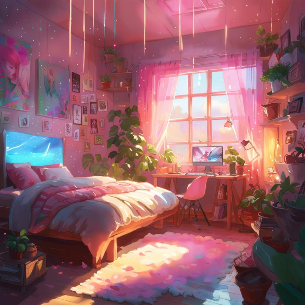 Dreamy Pink Bedroom with Gaming PC Setup