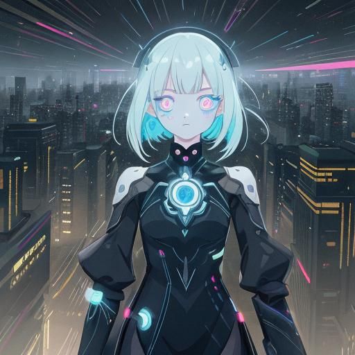 Cybernetic Woman in Dystopian Cityscape, Cyberpunk Style