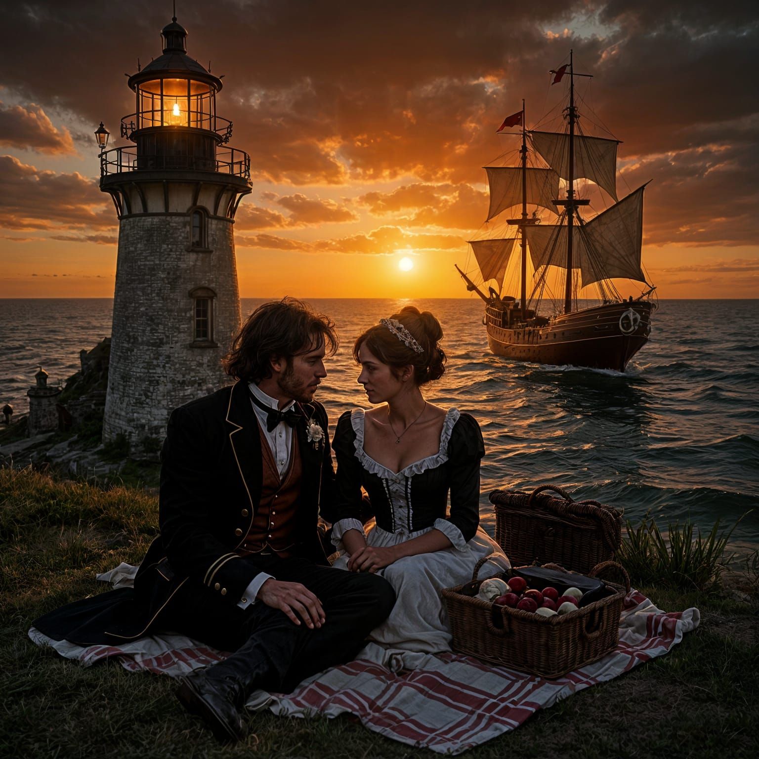 Victorian Sunset Picnic with Approaching Clipper Ship