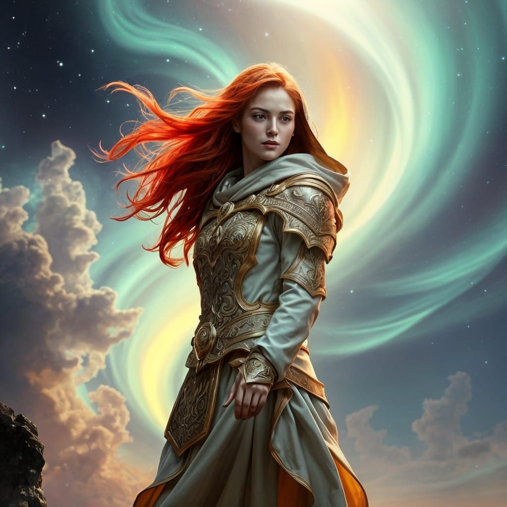 Redhead Goddess Warrior in Aurora Borealis Night Sky