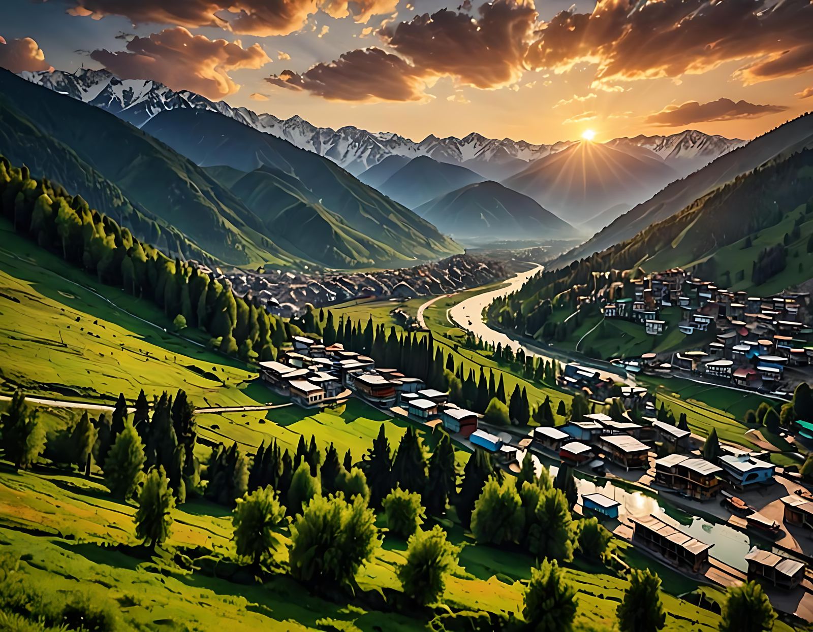 Panoramic Kashmir Landscape at Sunset in Cable Car