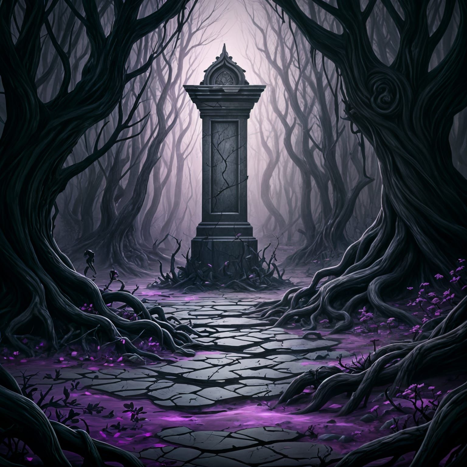 Eerie Feywild Forest with Glowing Monument