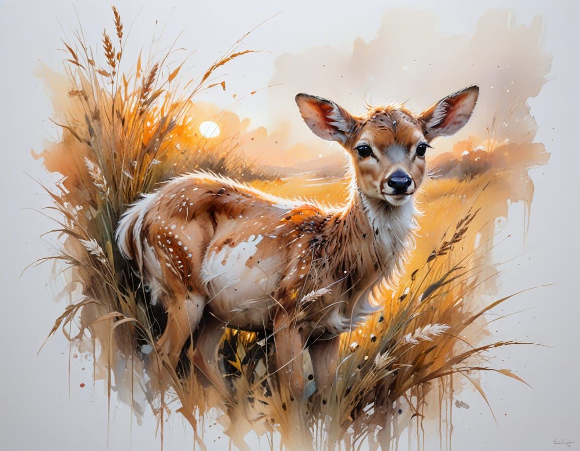 Fawn Peeking Through Summer Grass at Amber Sunset