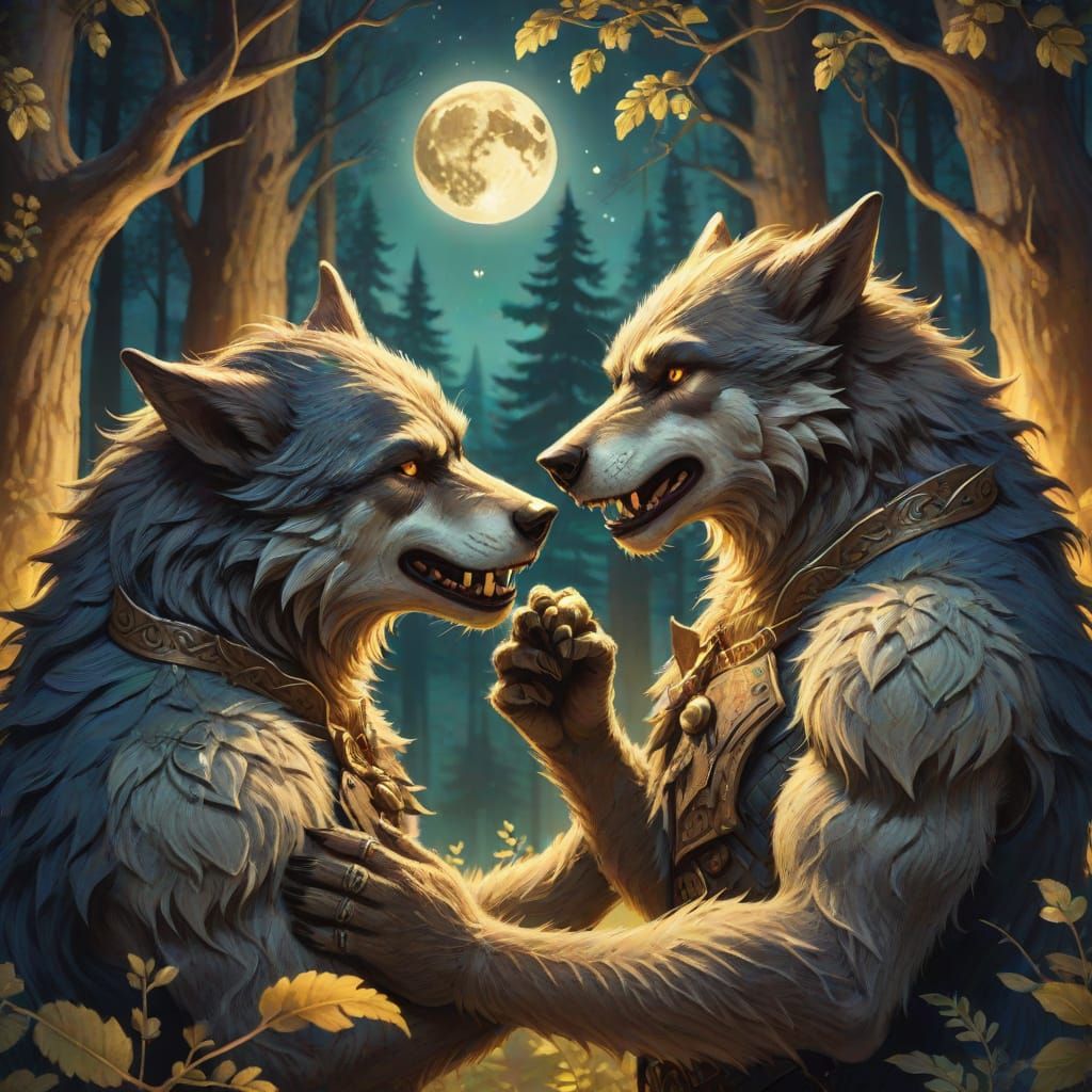 Werewolves Embrace in Dreamy Forest Illustration