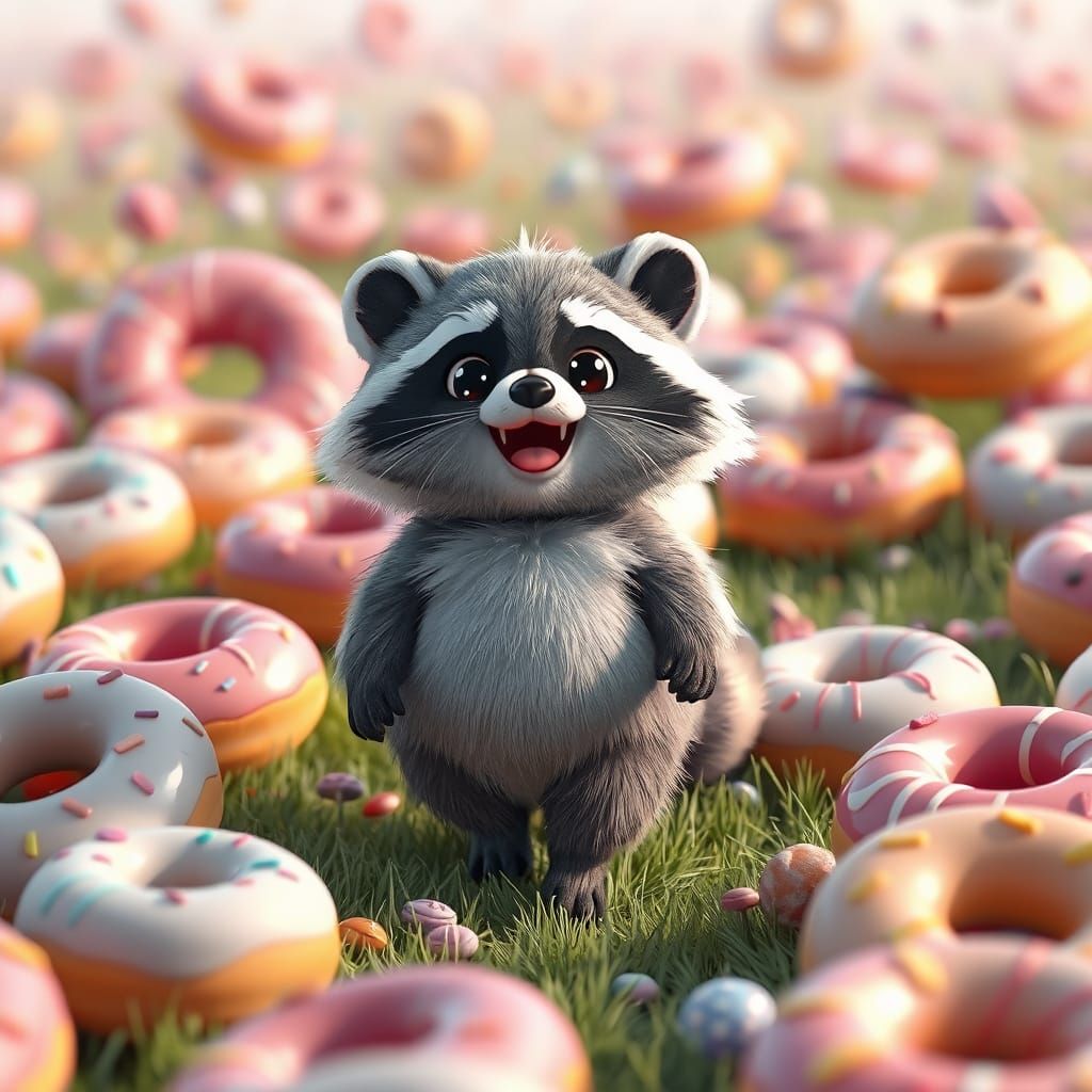 Kawaii Raccoon in Donut Field: 3D Anime Art