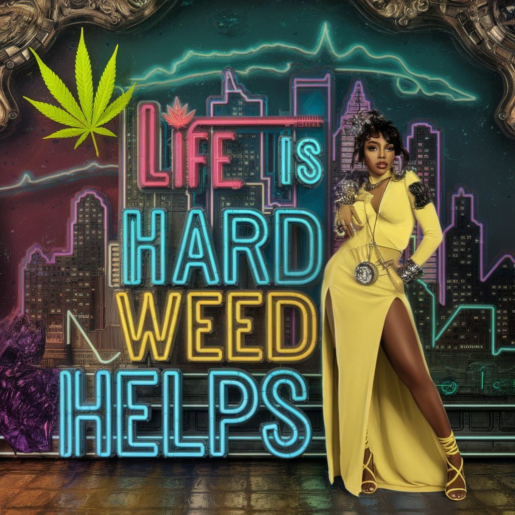 Neon Cityscape with Woman and Marijuana Leaf