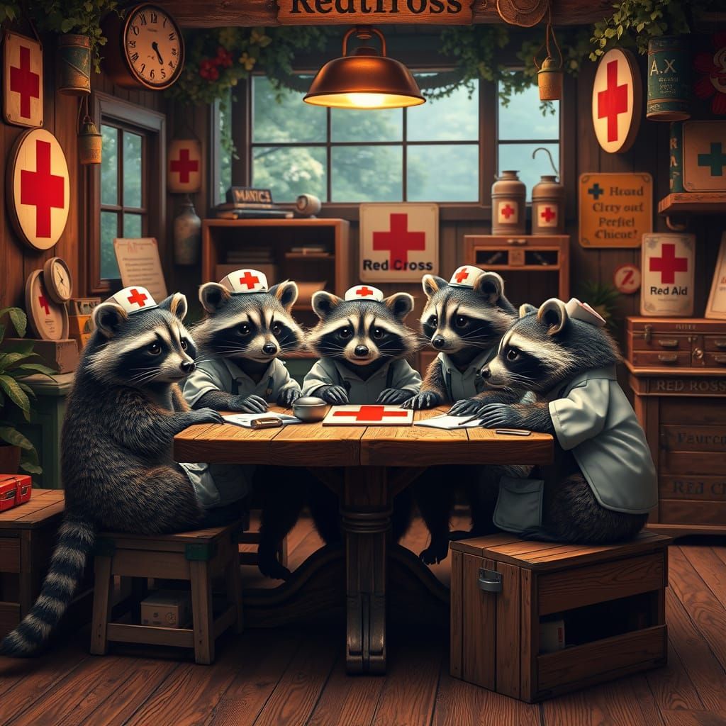 Furry Raccoons Learn First Aid in Whimsical Red Cross Office