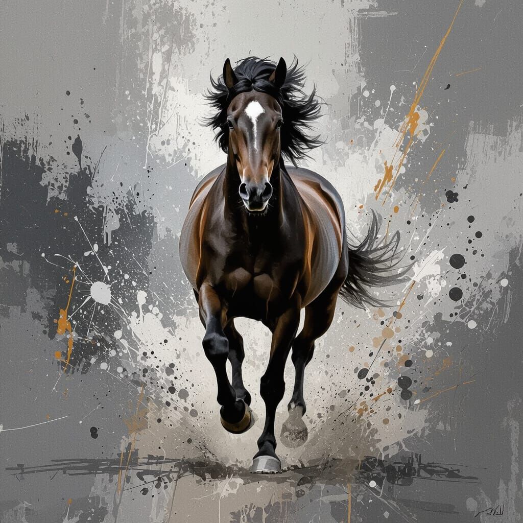 Dynamic Running Horse in Pollock-Inspired Abstract Style