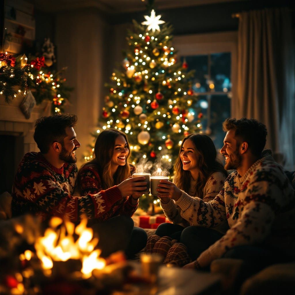 Friends Gather Around a Cozy Christmas Tree, Toasting with H...