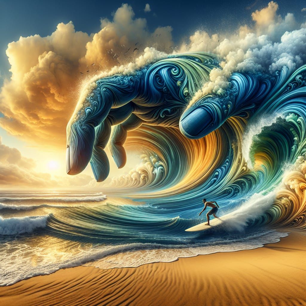 Surfer Rides Giant Wave Held by Colossal Hand