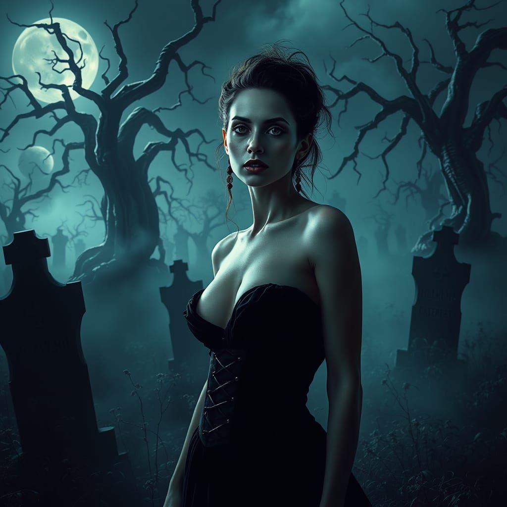 Gothic Woman in Surreal Graveyard, Dark Atmospheric Style