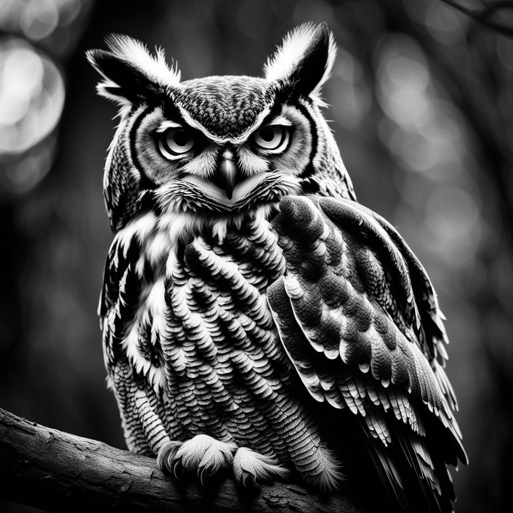 Great Horned Owl Portrait in Black and White