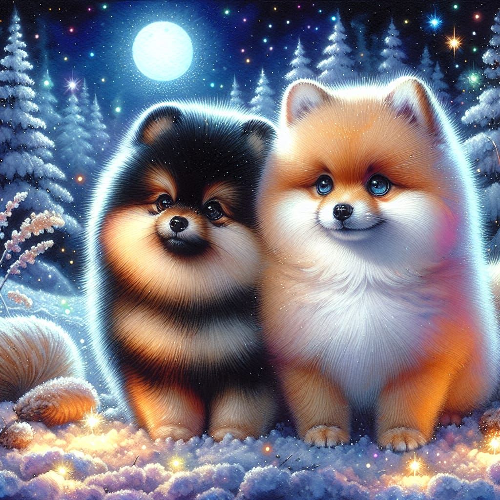 Cute Pomeranian and Fox in Snowy Winter Wonderland